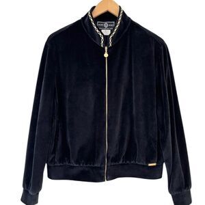 St. John Sport by Marie Gray Black Velour Zip Up Jacket Embroidered Trim Size M